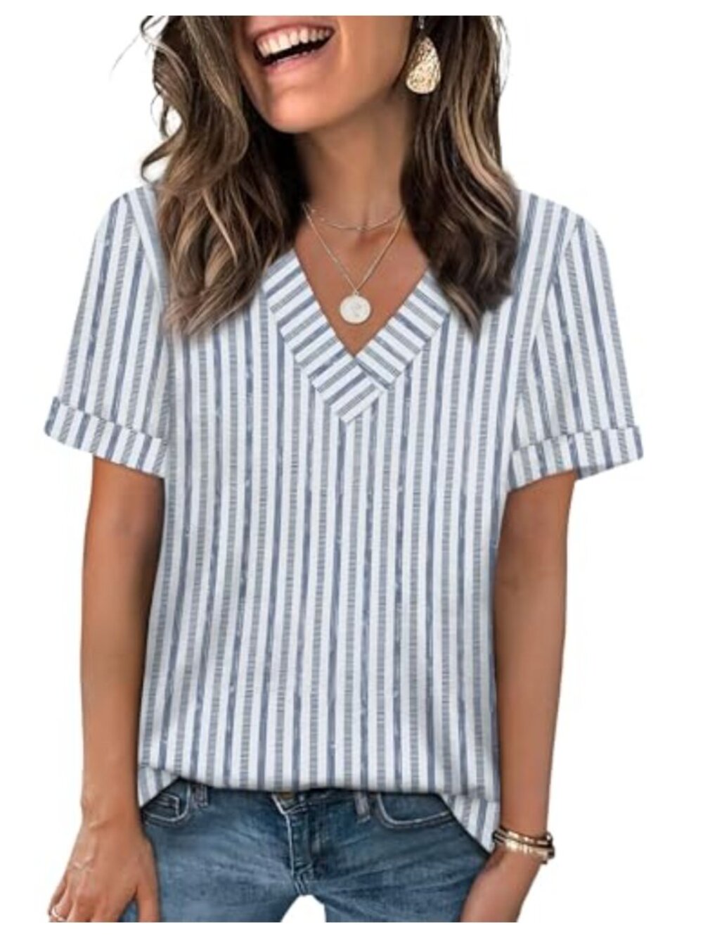 Womens Summer T-Shirt V-Neck Rolled Sleeve Loose Fit Casual Top